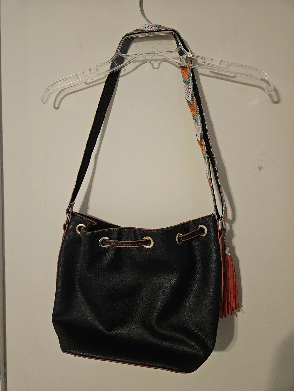 Embroidered Floral Bucket Shoulder Bag in Black and Orange